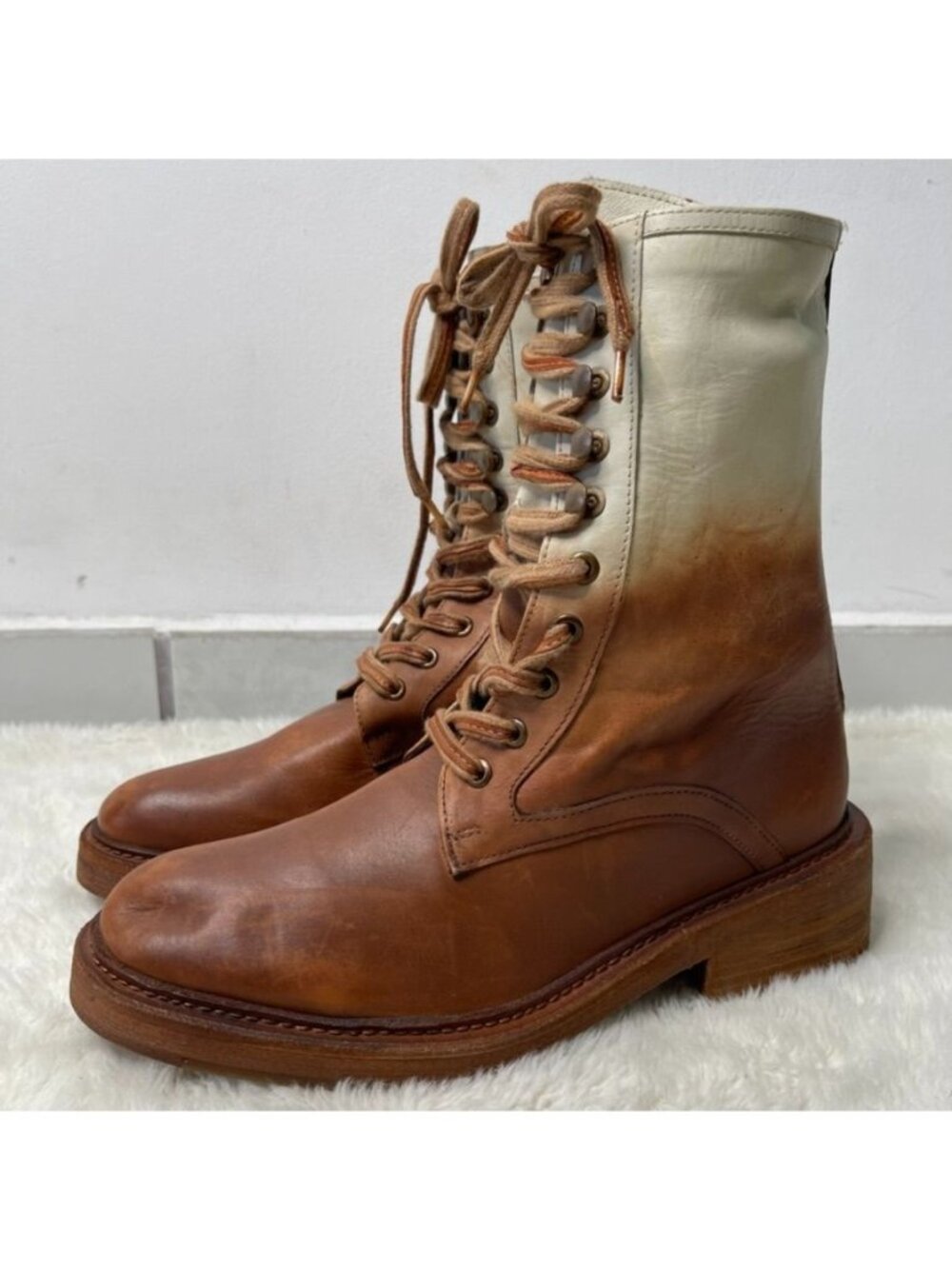Vintage Foundry Co Adalina Leather Combat Boots Size 9 Tan Faded Ombre Zip